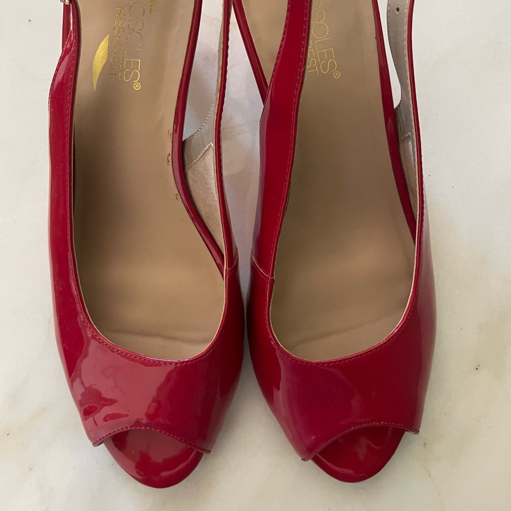 Areosoles Escapade Red Patent Peep-toe Pumps sling back